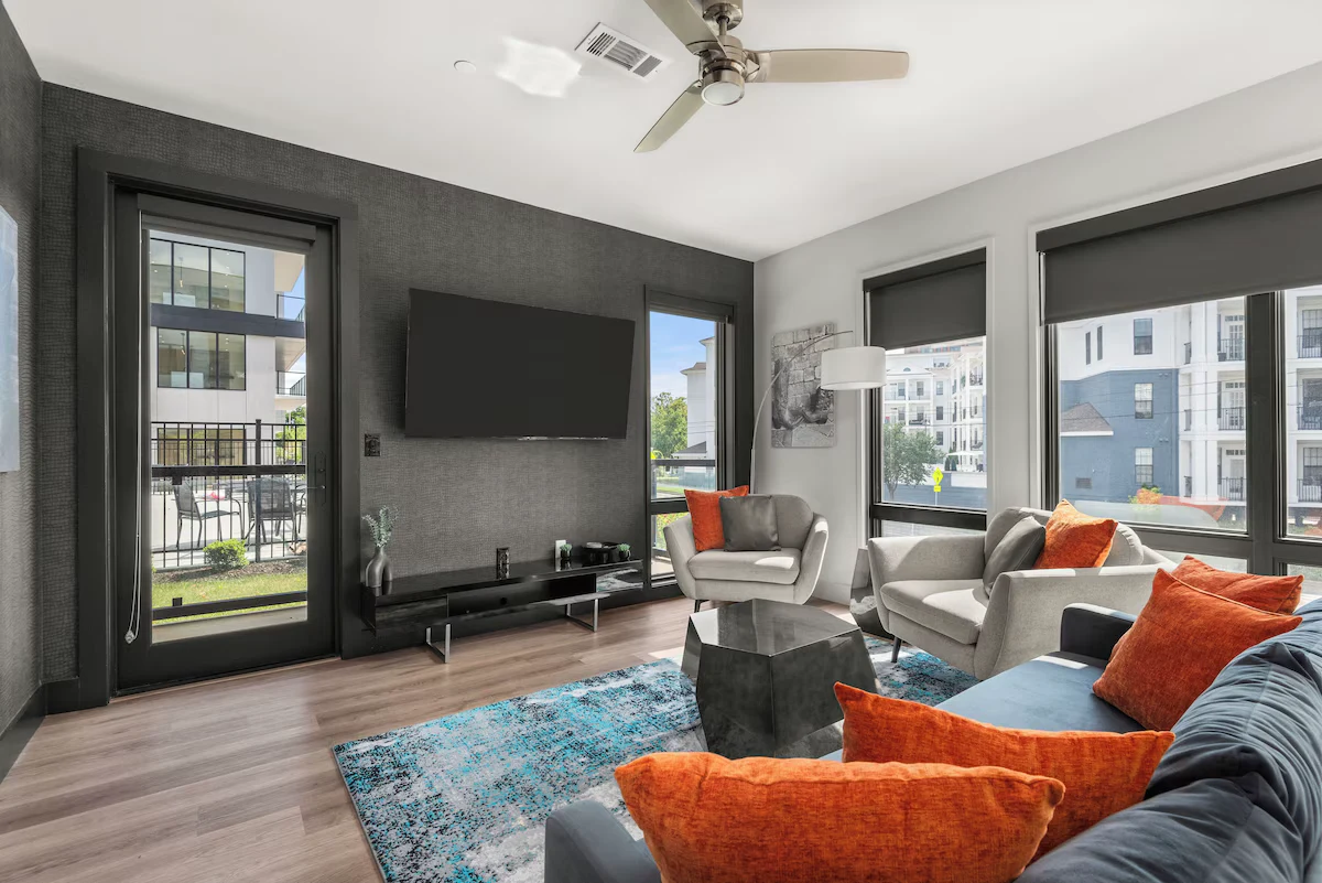 Open-concept lounge space with seating